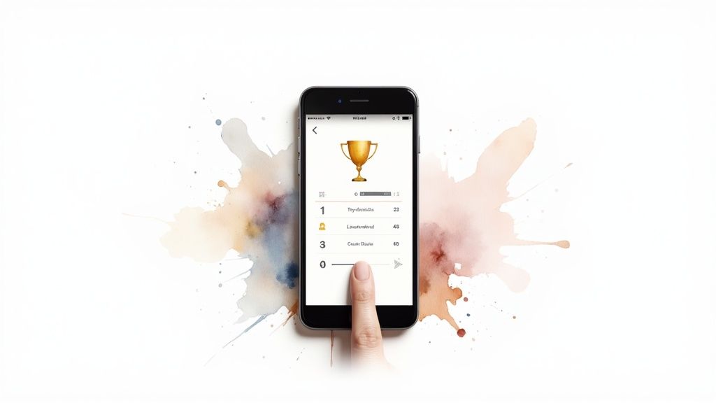 A hand interacts with a smartphone displaying a golden trophy and a game leaderboard on a watercolor background.