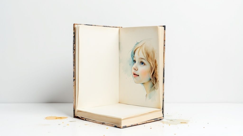 An open book stands upright on a white surface, displaying a watercolor illustration of a young girl.