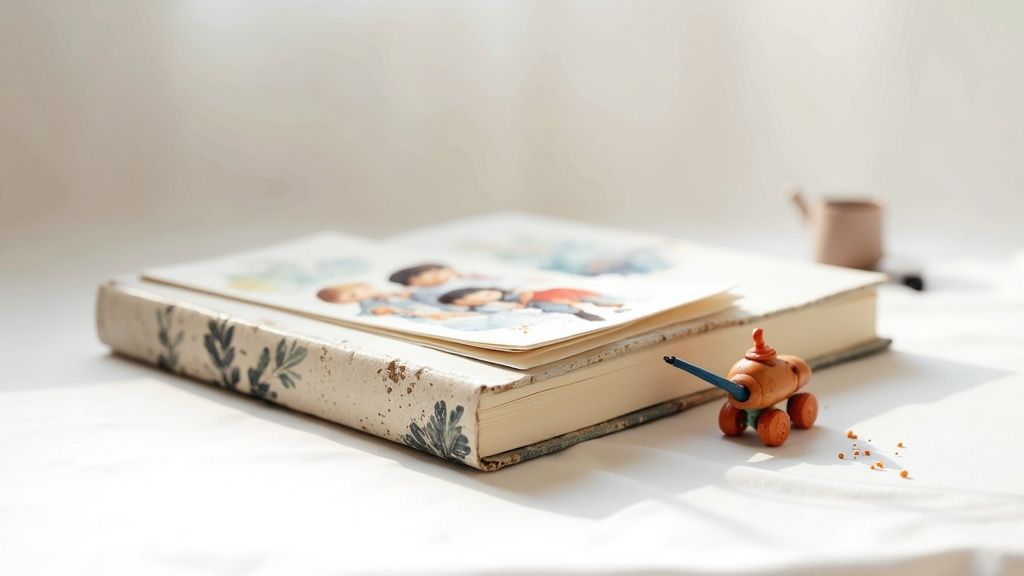 A beautifully illustrated book displaying children's drawings, a smaller book, and a wooden toy.