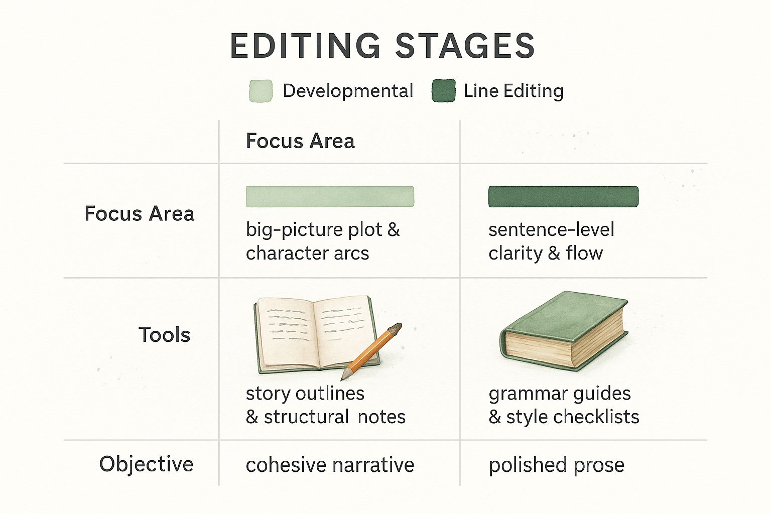 Infographic comparing Developmental Editing and Line Editing, two crucial stages in writing your own stories.