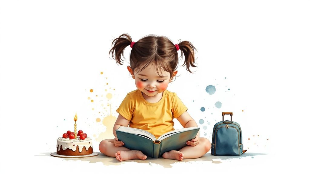 A young girl happily showing her personalized story book to her family.