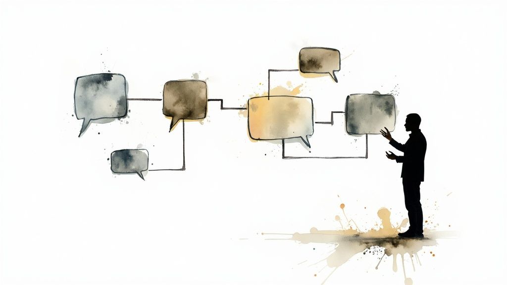 A visual representation of a chatbot's conversational flow being built on a screen.