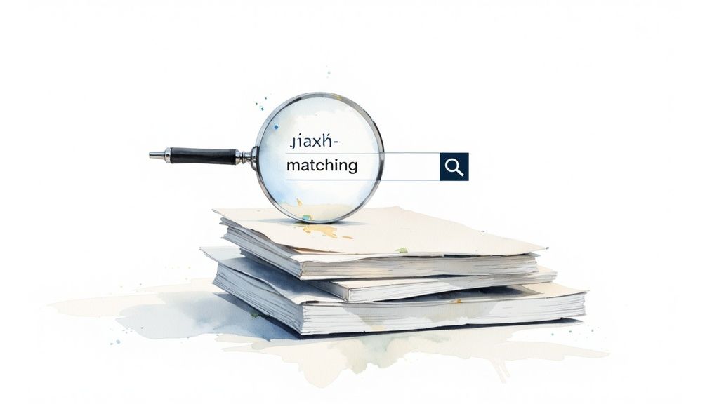A magnifying glass examines the search term 'jiaxh-matching' over a stack of documents, symbolizing information retrieval.