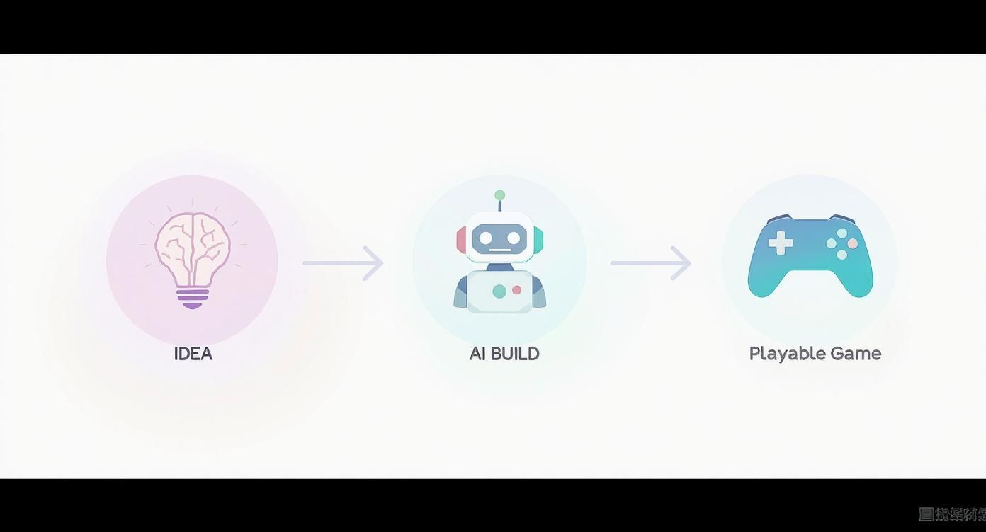 Diagram showing the process of turning an idea into a playable game using AI technology.