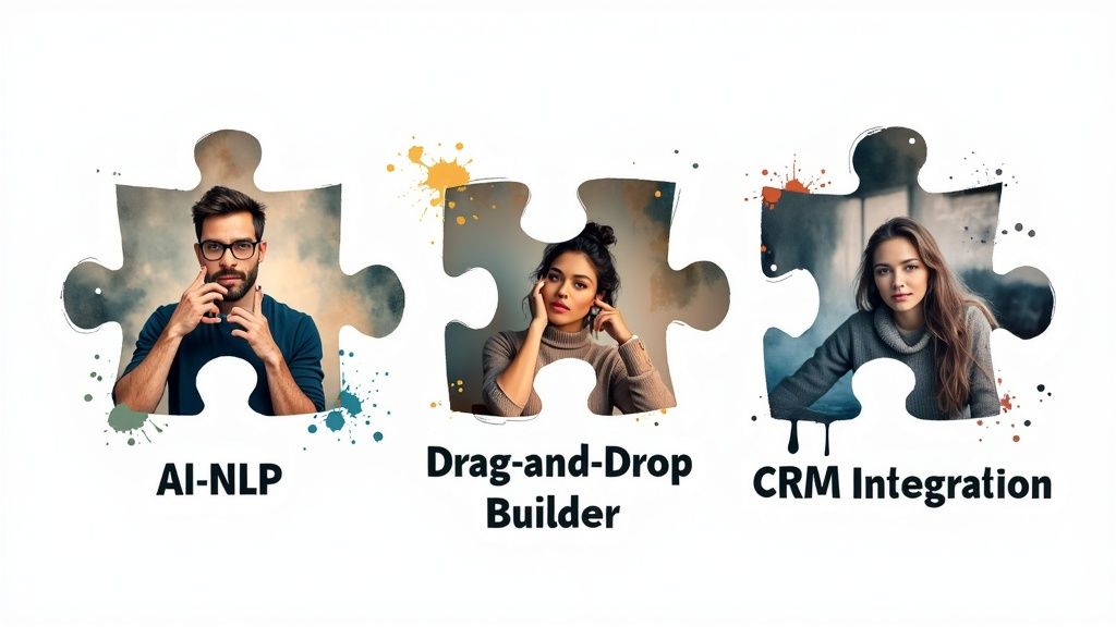 An illustration showing various chatbot features as interconnected puzzle pieces.