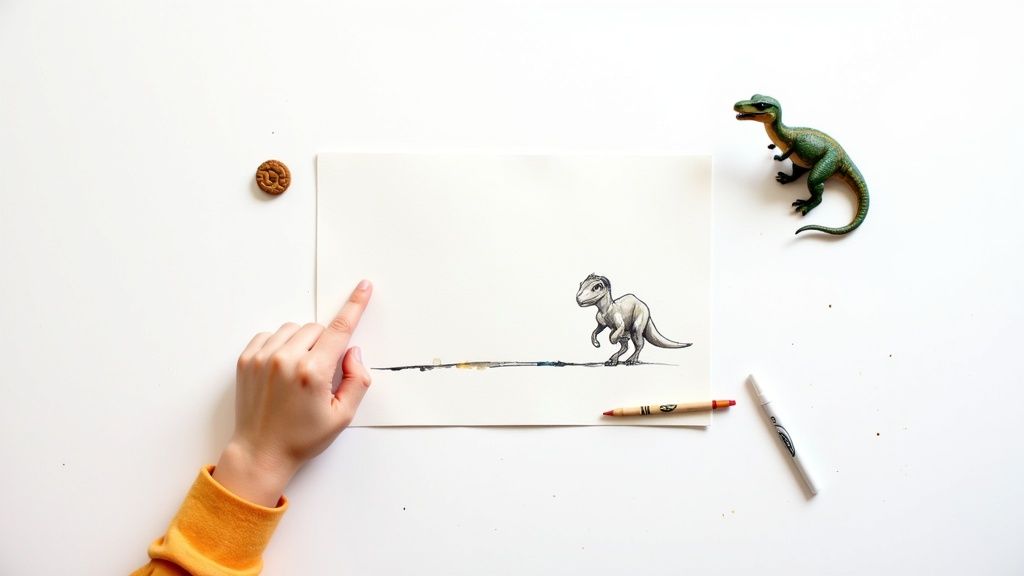 A child's drawing of a family adventure, laid out on a table with pencils and crayons.