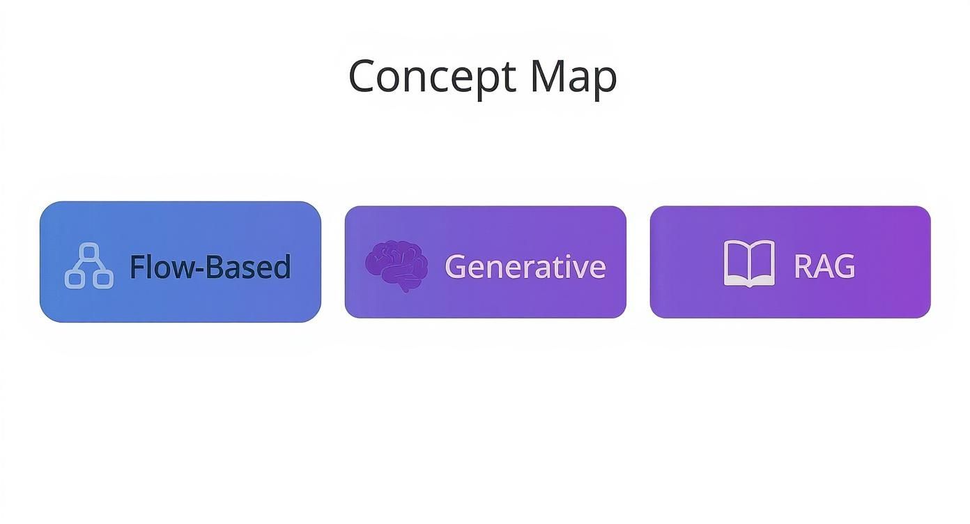 Concept map showing three AI architecture types: Flow-Based, Generative, and RAG with colorful icons