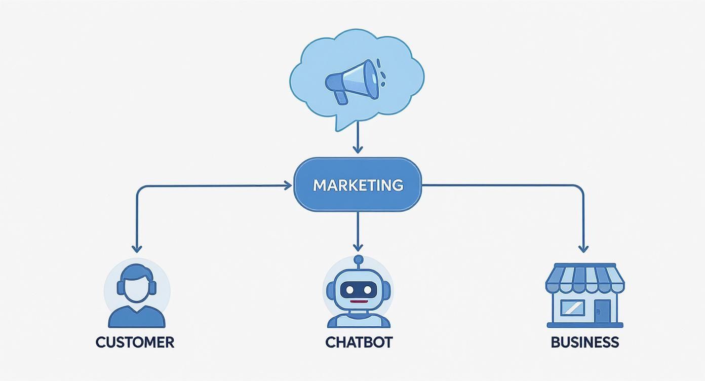 Marketing diagram showing connections between customer, chatbot, and business with megaphone announcement symbol