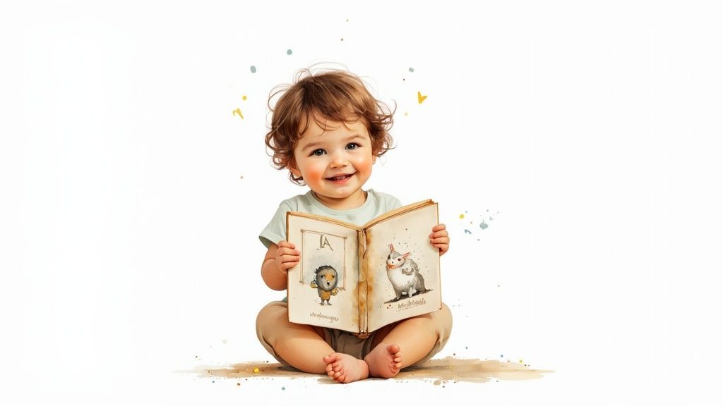 A smiling baby with curly brown hair sits on the floor, happily holding an open alphabet book.