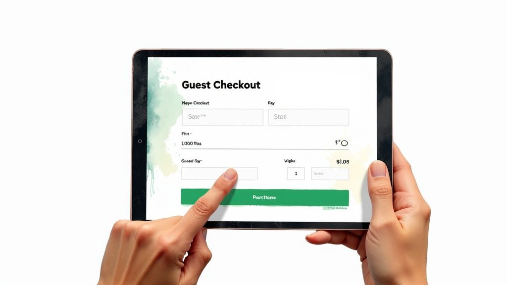 Hands using a tablet to complete a guest checkout form with various input fields and prices.