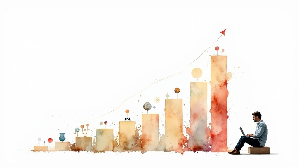 Person with laptop sitting beside watercolor chart bars showing gaming industry growth trend upward