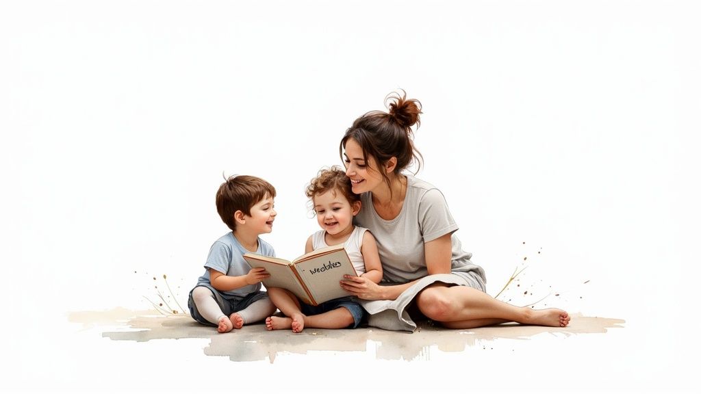 Mother reading personalized name book with two young children sitting together on white background