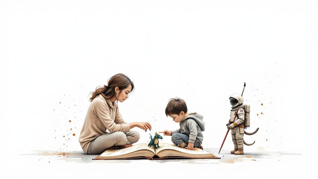 A vibrant, cartoon-style illustration of a girl astronaut having a tea party in space with her dog.