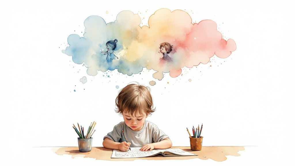 A child's drawing of a rocket on a piece of paper