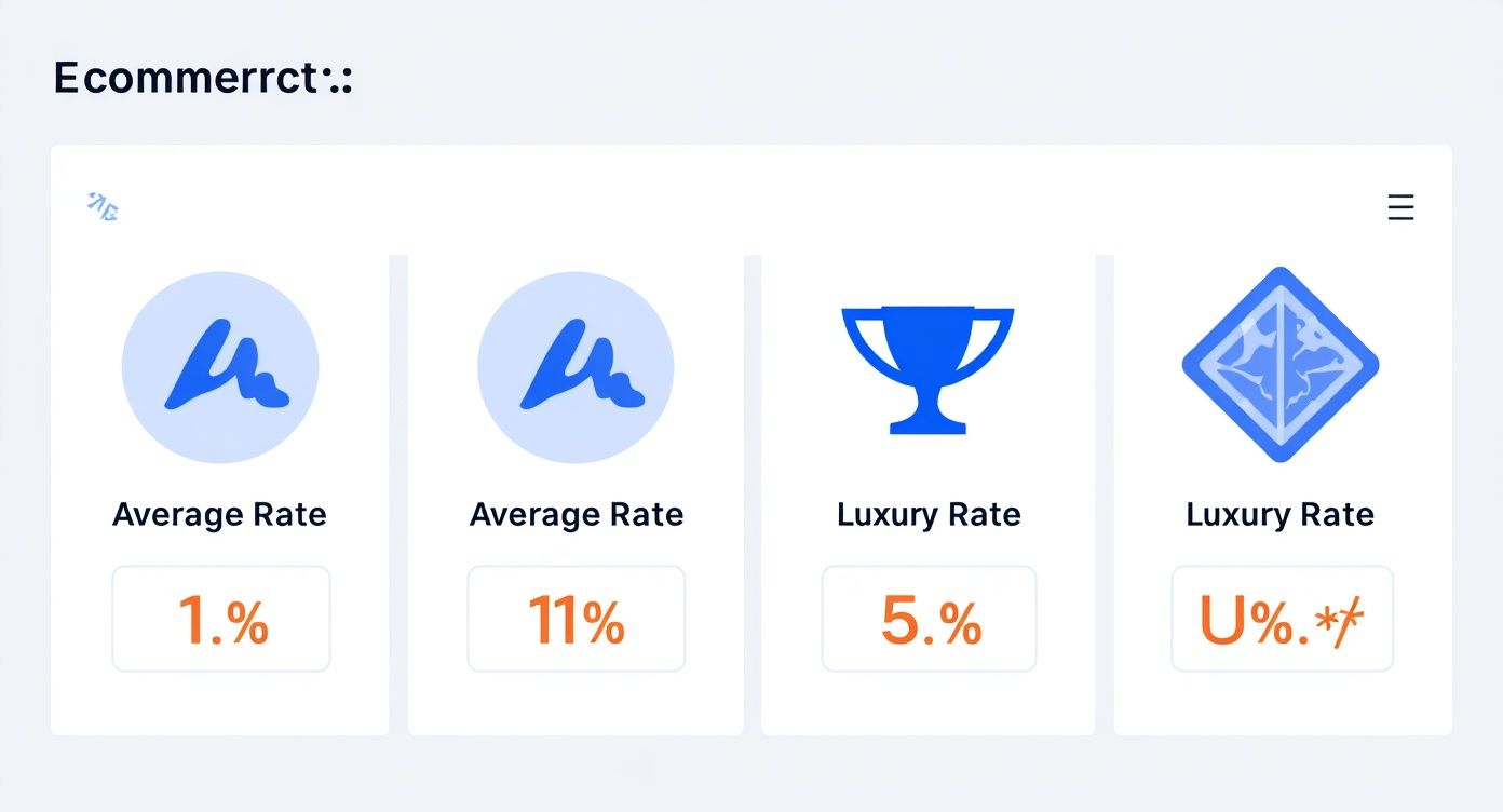 A dashboard displaying 'Ecommerrct' average and luxury rates, showing various percentages.