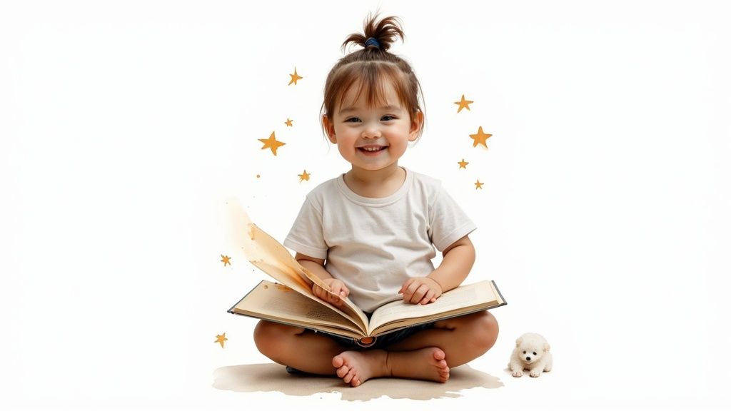 A cheerful child sits cross-legged, engrossed in a storybook with a cute puppy.