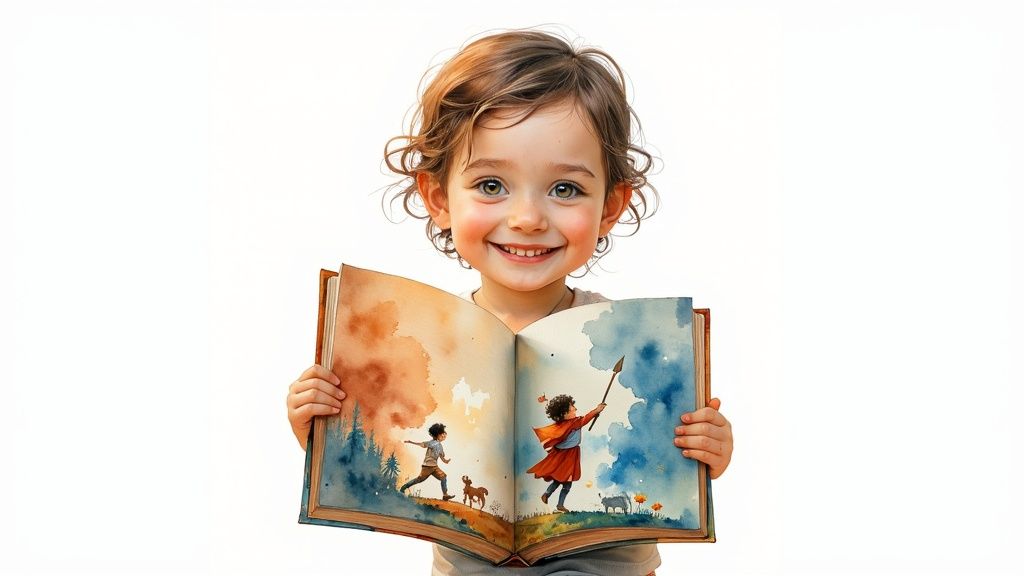 A child looking at a personalized storybook where they are the hero.