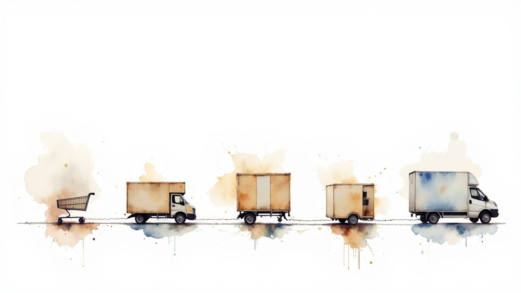 Watercolor illustration of a shopping cart linked to multiple delivery trucks, symbolizing the supply chain process.