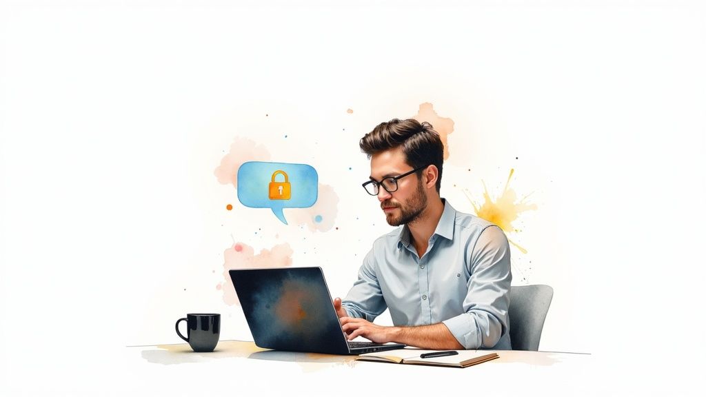 Watercolor illustration of a man using a laptop with a security lock icon in a speech bubble.