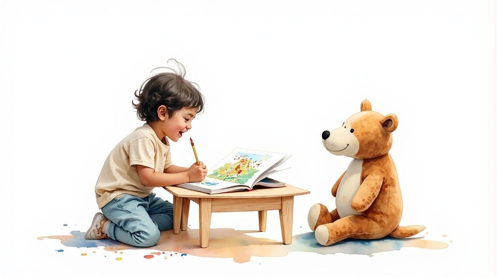 A child happily reading a book in a cozy, well-lit room.