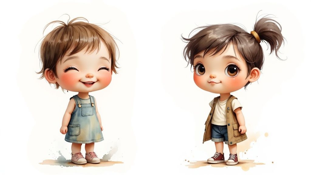 A child's photo is shown next to an illustrated storybook character version of them