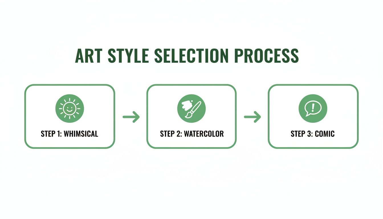 A three-step art style selection process: Whimsical (sun), Watercolor (brush), and Comic (speech bubble).