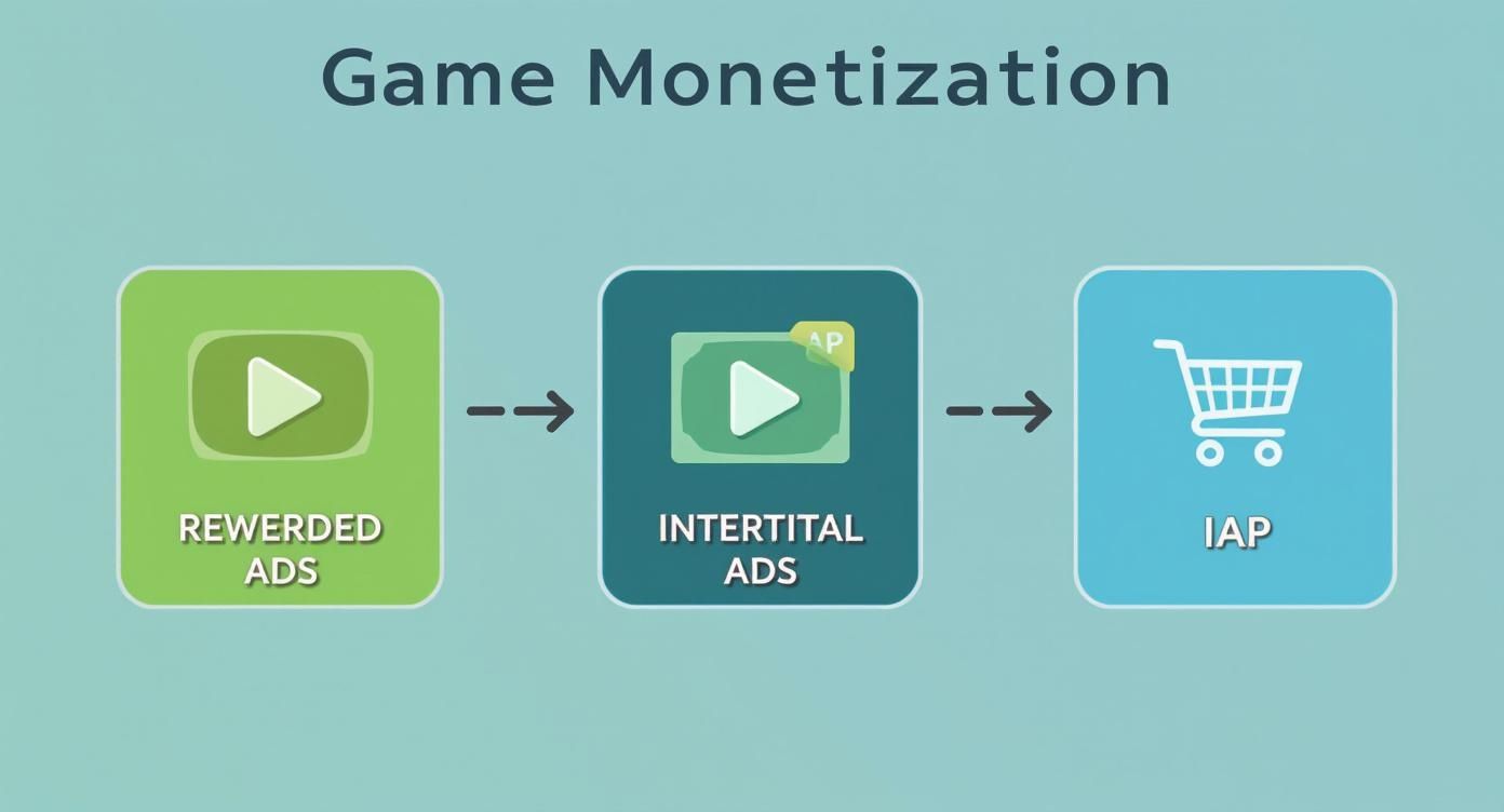 Game monetization flowchart showing rewarded ads, interstitial ads, and in-app purchases (IAP) progression.