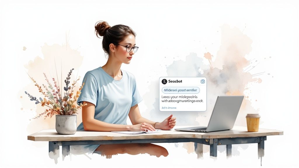 A woman interacting with an AI chatbot on her laptop, illustrating the user experience.