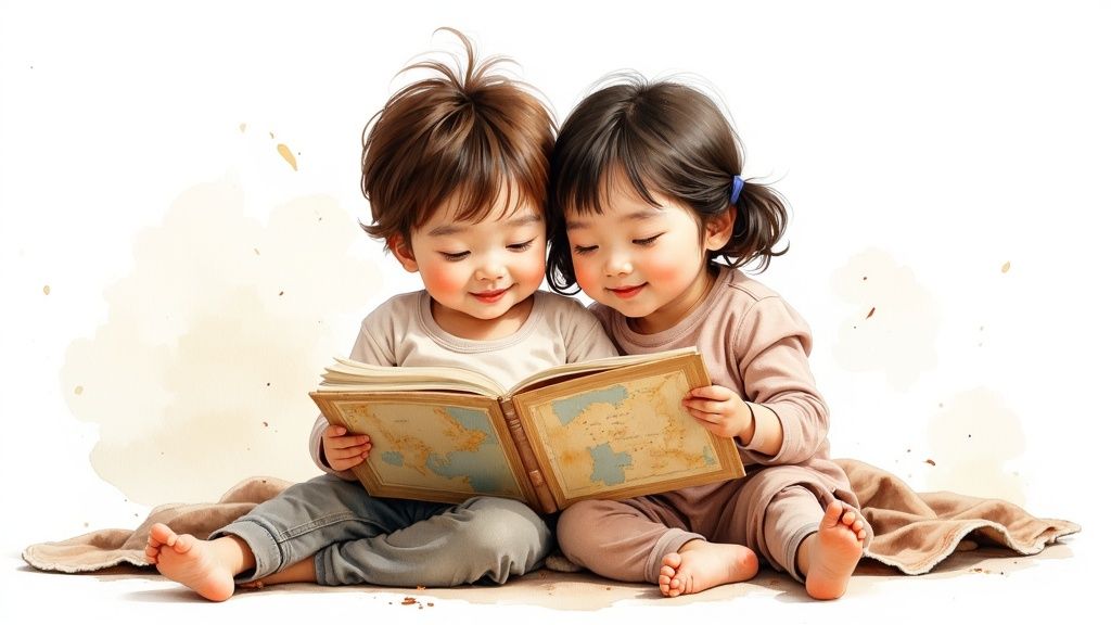 Two adorable young children happily read a map book together, sitting on a blanket.