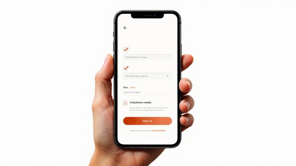 Hand holding smartphone displaying mobile app registration form with orange submit button and checkmarks