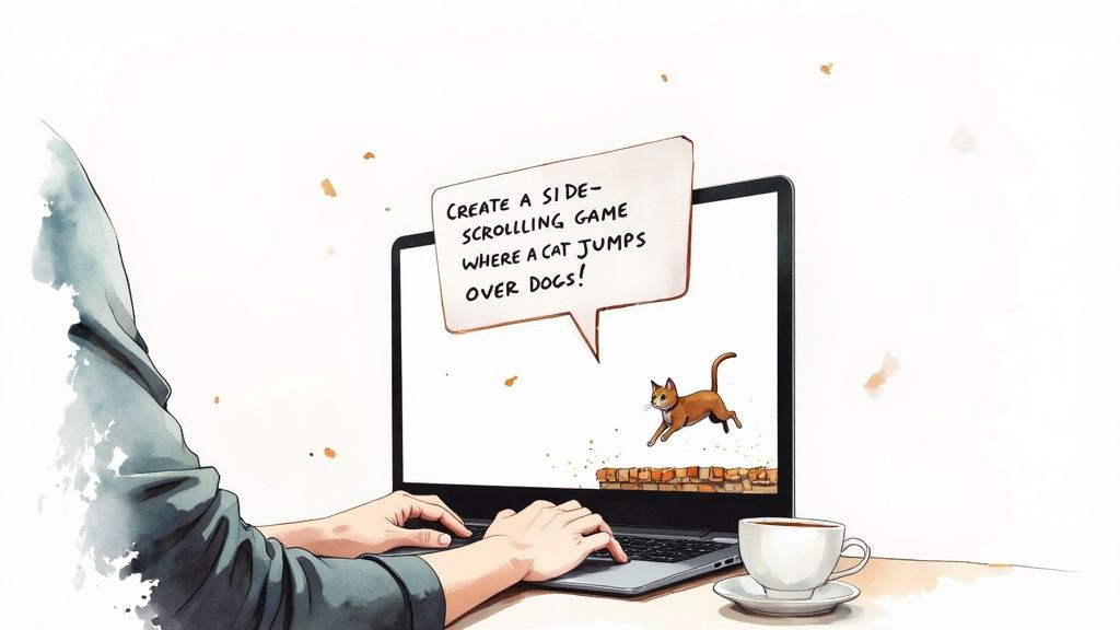 A person uses a laptop, the screen displaying a thought bubble about creating a cat game.