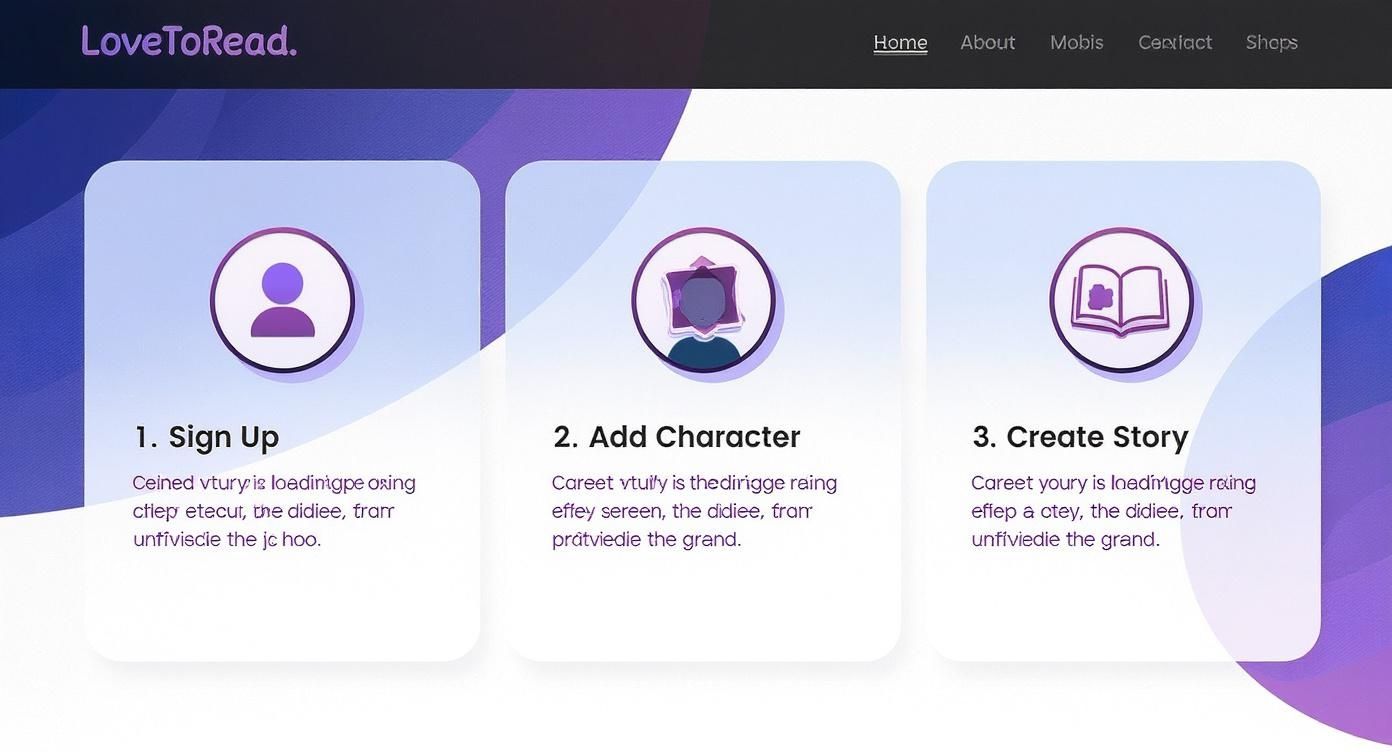 Three-step process showing sign up, add character, and create story icons for interactive book creation platform