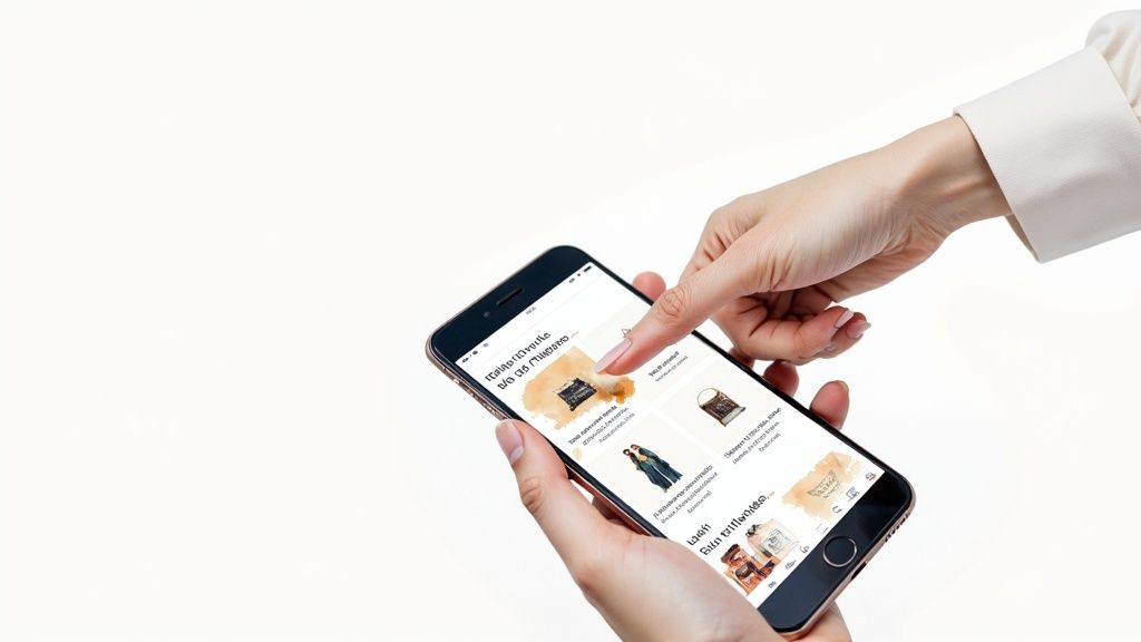 Person using smartphone to browse and shop for clothing items in mobile e-commerce store