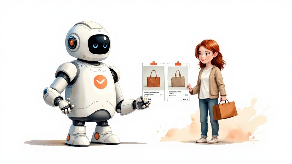 Friendly robot chatbot showing handbag options to customer in personalized shopping experience illustration