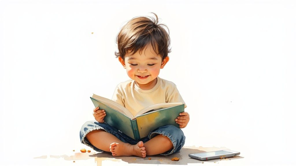 A child joyfully reading a book in a cozy, well-lit room.