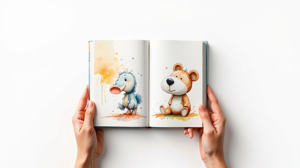 A child and a parent reading a hardback personalized children's book together.