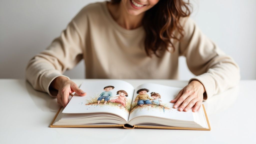 A smiling woman in a beige sweater reads an open children's book with colorful illustrations.