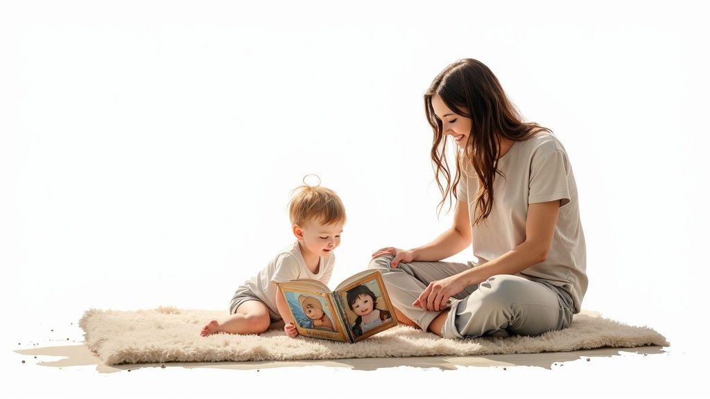Mother and young child reading colorful picture book together on soft rug