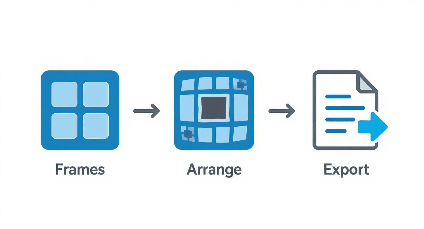Diagram showing the process of creating a sprite sheet: from individual frames, arranging them on a grid, to exporting the final file.