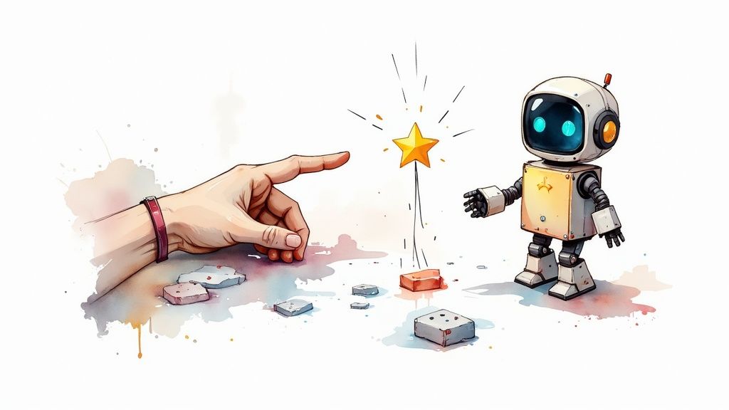 A human hand points to a glowing star as a small robot observes, surrounded by watercolor splashes and blocks.