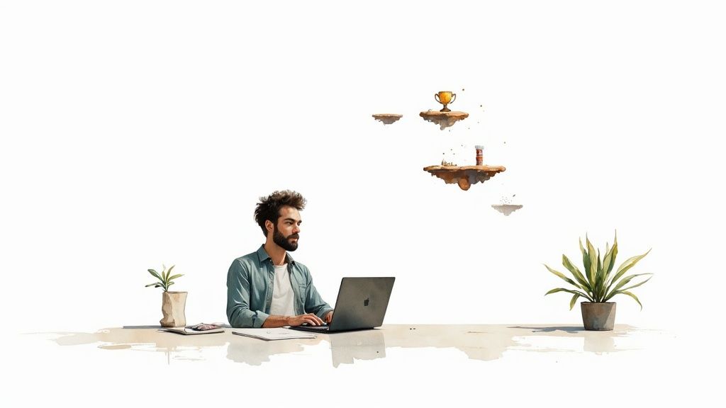 A bearded man works on a laptop, looking at floating gamified platforms with a trophy.