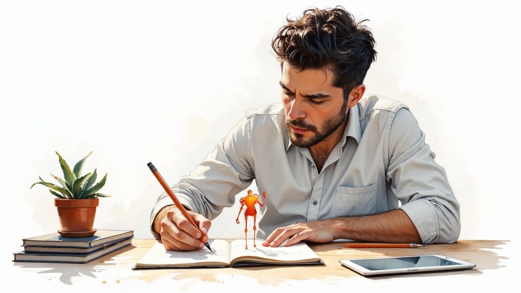 A man drawing a small robot figure in a notebook, working at a desk.