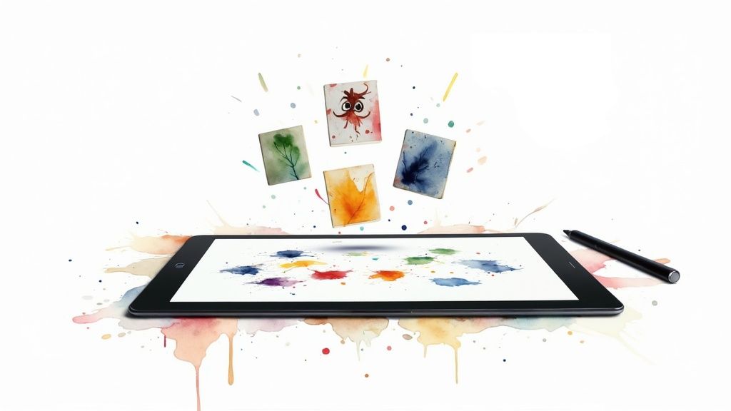 Digital art creation concept with a tablet, stylus, floating watercolor paintings, and colorful splatters.