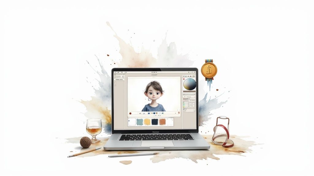 A laptop displaying a cartoon character design interface, surrounded by art tools and watercolor splashes.