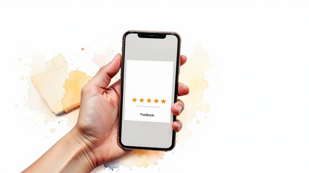 A person smiling while giving a five-star rating on a tablet, illustrating customer satisfaction.