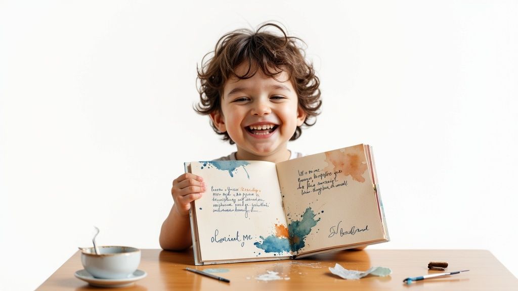 A young girl drawing in her 'About Me' book with colorful markers, surrounded by family photos and art supplies.