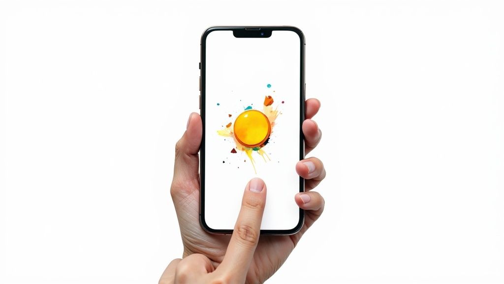 Hand holding a smartphone displaying a vibrant yellow button with colorful splatters, finger touching screen.