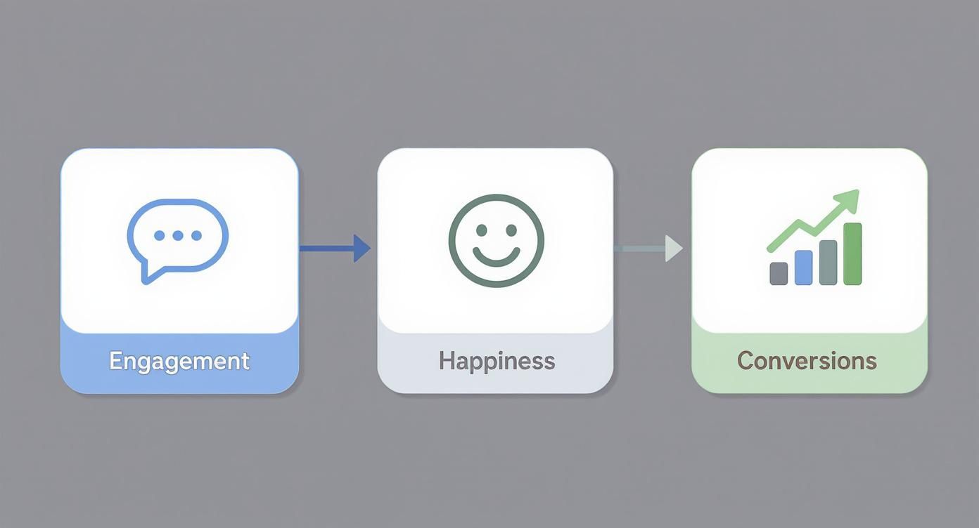 A three-step diagram showing the progression from Engagement to Happiness to Conversions, with corresponding icons.