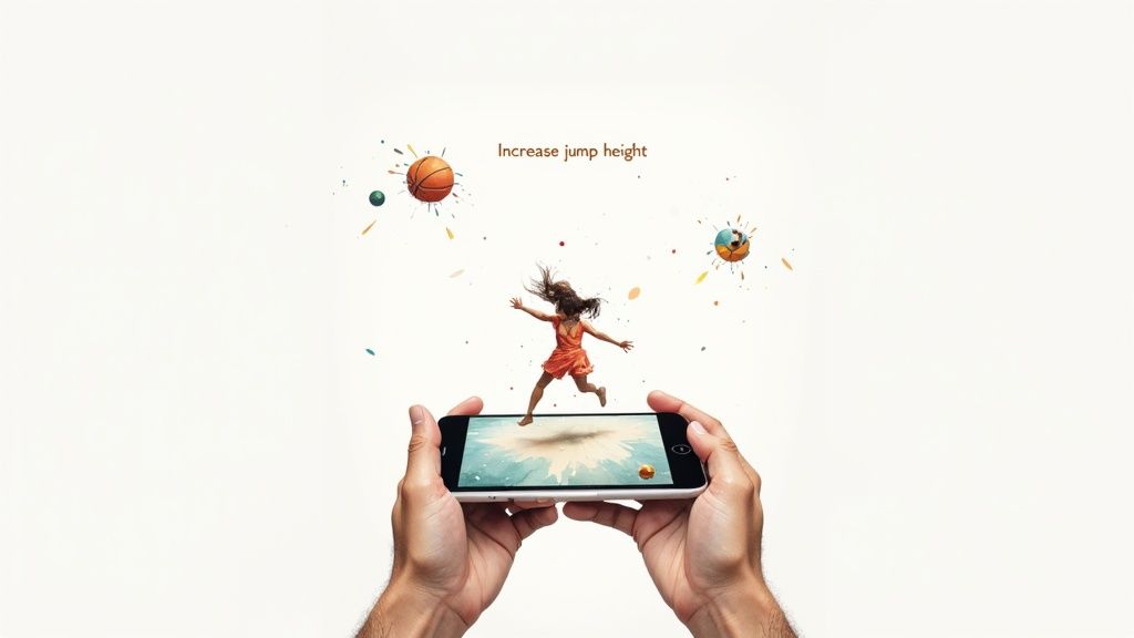 Two hands hold a smartphone displaying a girl jumping out of the screen, surrounded by game elements.