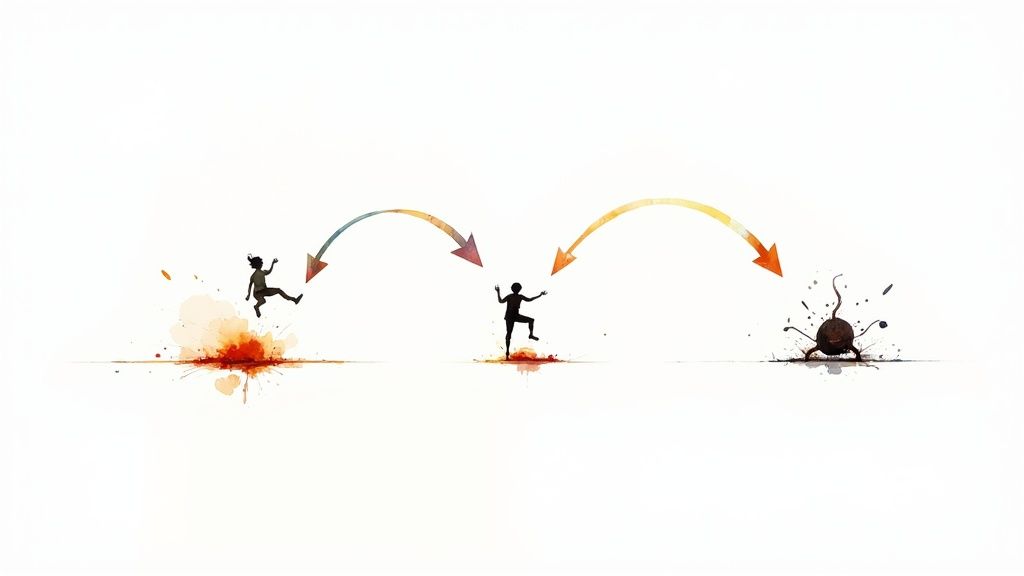 A three-part watercolor illustration depicting a sequence of figures and actions with directional arrows.